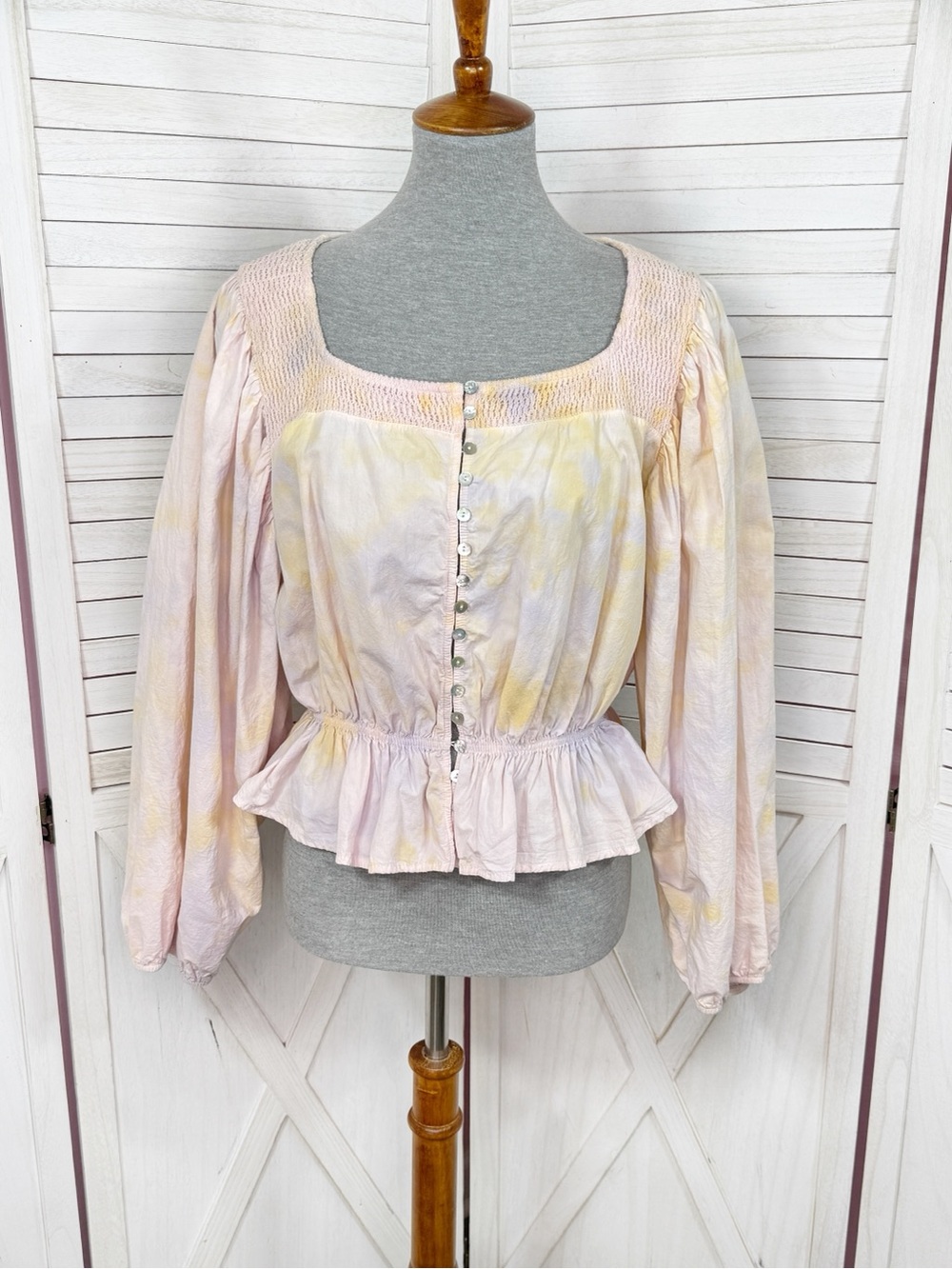 Zara Pastel Tie Dye Balloon Sleeve Peplum Crop‎ Shirt Pink Yellow Medium